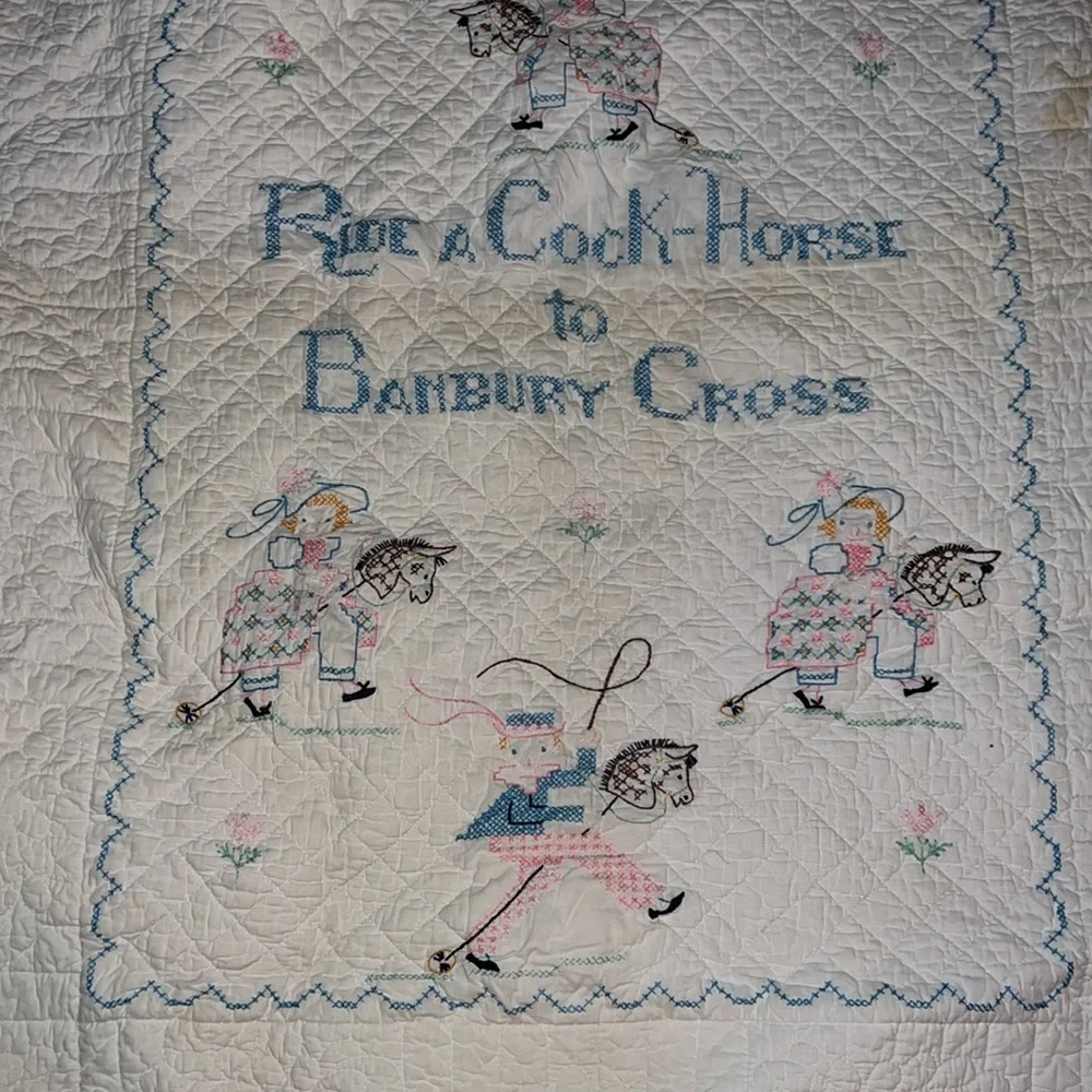 Embroidered Nursery Rhyme Quilt - White and Blue 44” x 36”